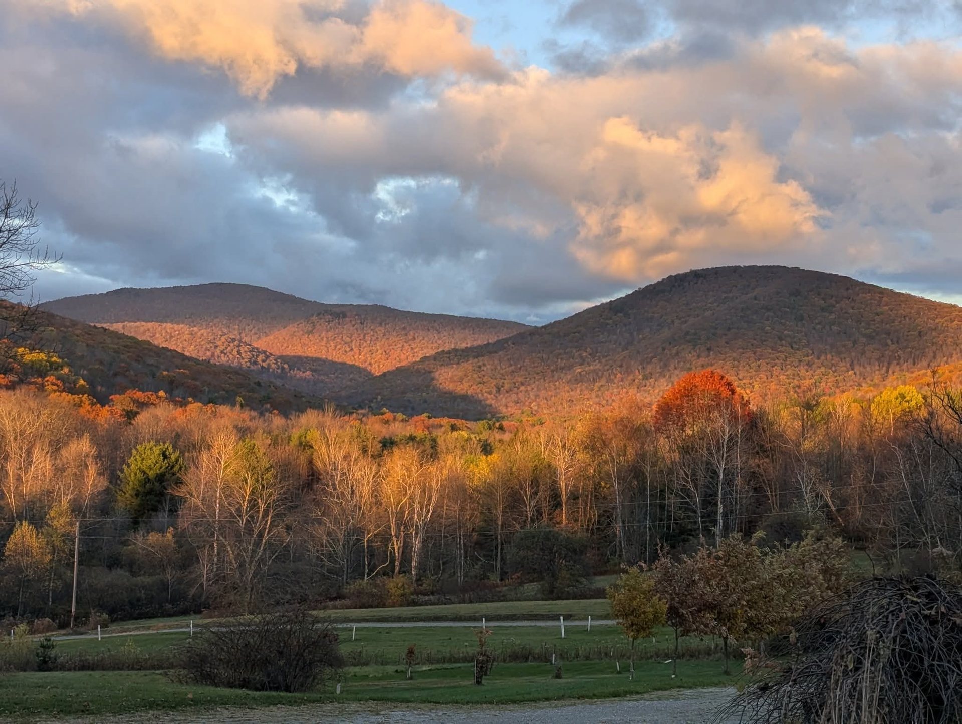 Vermont hills at golden hour, seen from the Hollow